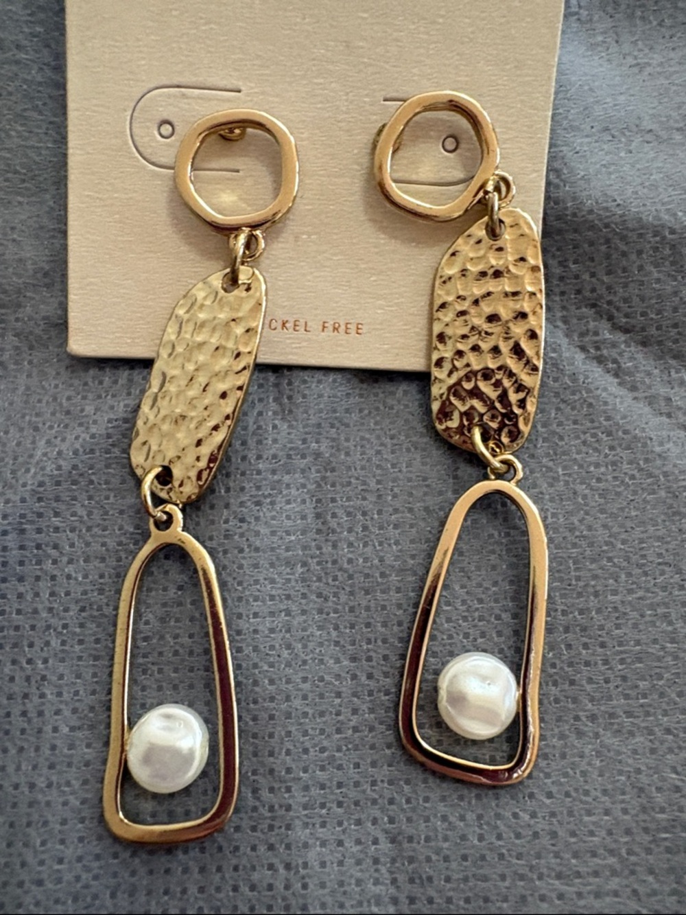 Gold-Tone Hammered Drop Earrings with Pearl Accent NEW in Package